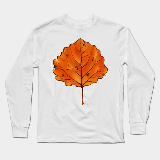 Autumn Leaf And Ants In Yellow Orange Long Sleeve T-Shirt by Boriana Giormova